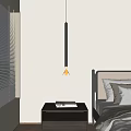 Modern Black Elongated Pendant Light In Bedroom With Bedside Table And Blinds