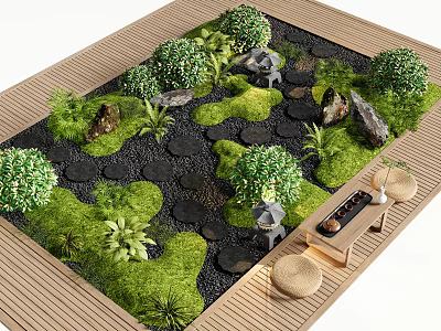 Japanese Garden Design With Moss Stone Pathway And Wooden Deck Seating 3d model