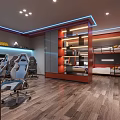 Modern Elevator Corridor With Blue Neon Lights Polished Floor And Decorative Wall Art