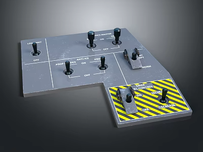 Industrial Metal Control Panel With Black Knobs Warning Stripes And Labels 3d model