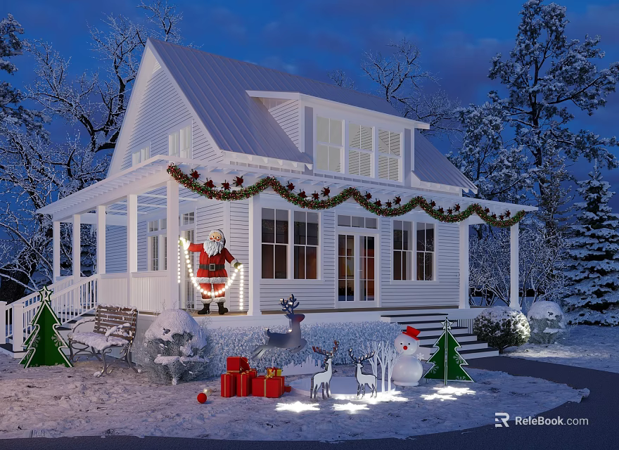 Detached House Exterior With Christmas Wreaths Santa Figure Gift Boxes And Snowy Landscape 3d model 