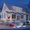 Detached House Exterior With Christmas Wreaths Santa Figure Gift Boxes And Snowy Landscape