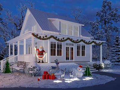 Detached House Exterior With Christmas Wreaths Santa Figure Gift Boxes And Snowy Landscape 3d model
