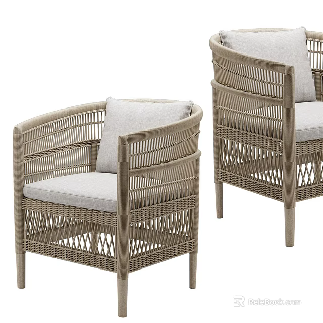 Modern Woven Rattan Lounge Chairs with Light Gray Cushions and Armrests 3d model 