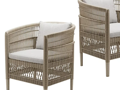 Modern Woven Rattan Lounge Chairs with Light Gray Cushions and Armrests 3d model
