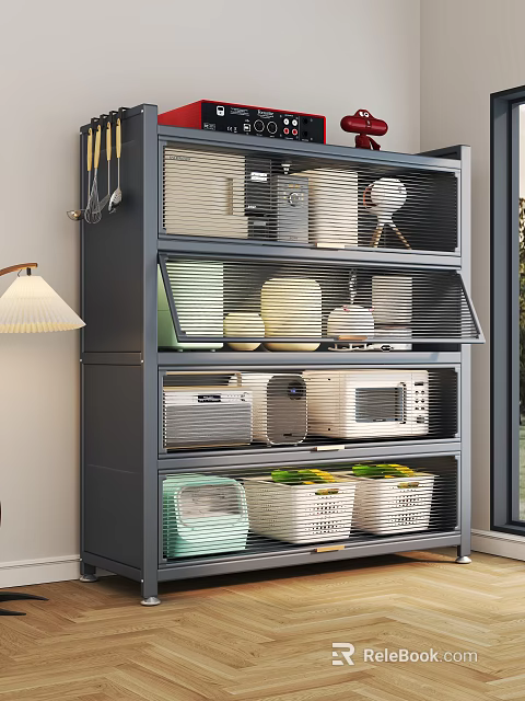 Modern Spacious Kitchen Side Cabinet With Transparent Shutter Doors For Storing Utensils And Small Appliances 3d model 