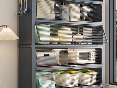 Modern Spacious Kitchen Side Cabinet With Transparent Shutter Doors For Storing Utensils And Small Appliances 3d model