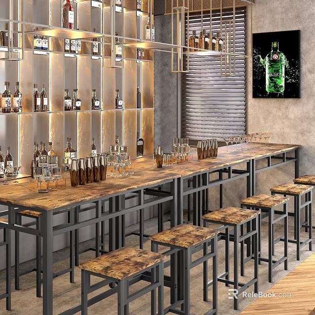 Modern Bar Interior With Wooden Counter Bar Stools And Liquor Shelves 3d model 