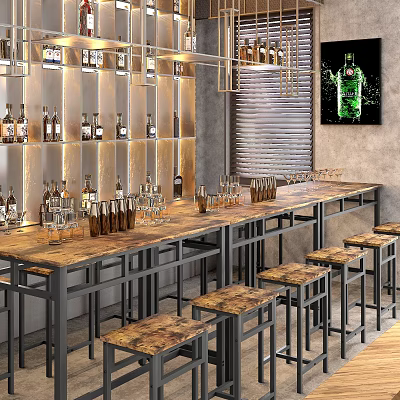 Modern Bar Interior With Wooden Counter Bar Stools And Liquor Shelves 3d model