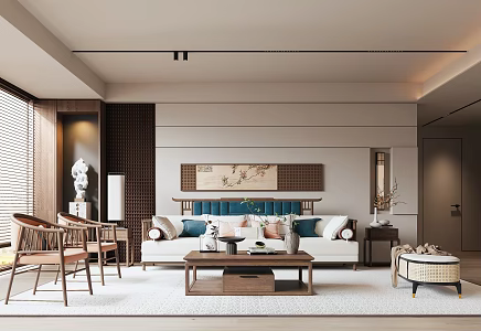 New Chinese Style Living Room Sofa Background Wall Sofa Coffee Table Combination 3d model