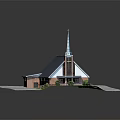 Cartoon Scene Church with Gray Roof Red Brick Walls Spire Pink Path and Green Lawn