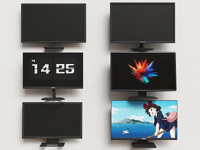TV Screens Showcasing Multiple Display Contents Such As Time Animation Colorful Images And Scenery 3d model