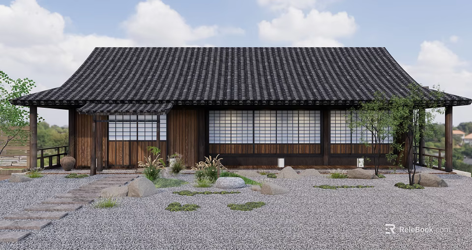 Traditional Japanese Wooden House with Black Tile Roof Lattice Windows Gravel Courtyard Stones Small Plants 3d model 
