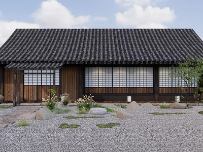 Traditional Japanese Wooden House with Black Tile Roof Lattice Windows Gravel Courtyard Stones Small Plants 3d model