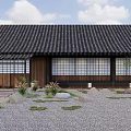 Traditional Japanese Wooden House with Black Tile Roof Lattice Windows Gravel Courtyard Stones Small Plants