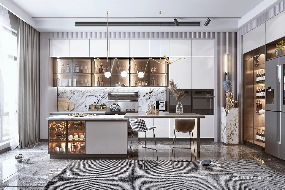 Modern Stylish Kitchen Interior With White Cabinets Marble Island And Gold Pendant Lights 3d model 