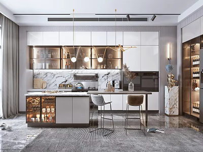 Modern Stylish Kitchen Interior With White Cabinets Marble Island And Gold Pendant Lights 3d model