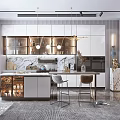 Modern Stylish Kitchen Interior With White Cabinets Marble Island And Gold Pendant Lights