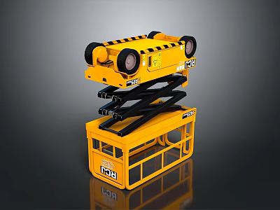 Yellow Scissor Lift Platform With Upper Wheels And Warning Stripes Frame Structure 3d model