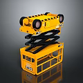Yellow Scissor Lift Platform With Upper Wheels And Warning Stripes Frame Structure