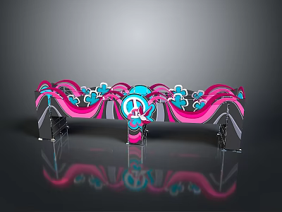 Colorful Patterned Bench With Pink Blue Wavy Designs And Peace Symbols 3d model