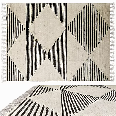 Square Rug With Black And White Geometric Patterns Stripes Diamonds And Fringe Edges 3d model