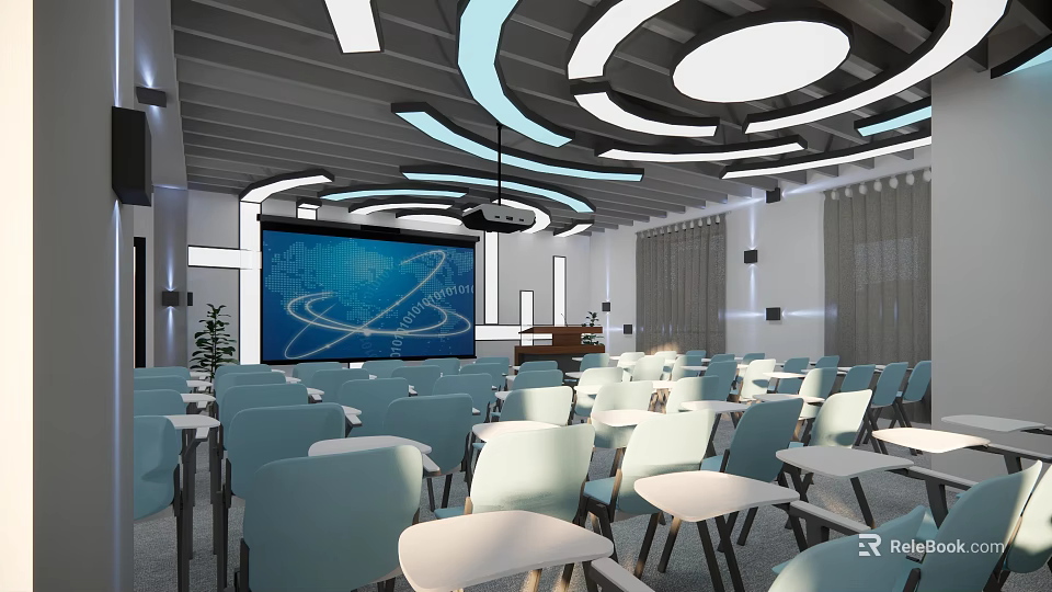 Modern Conference Room Interior With Large Screen Tables Chairs And Ceiling Design 3d model