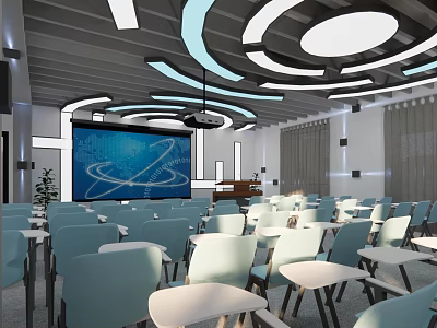 Modern Conference Room Interior With Large Screen Tables Chairs And Ceiling Design 3d model