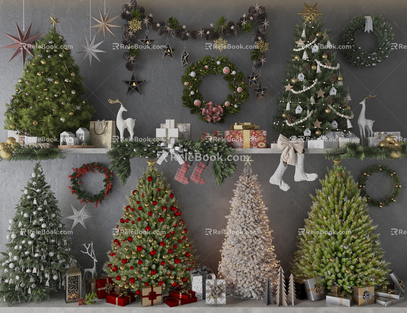 Christmas Tree Combination Christmas Gift Box Christmas Pendant Christmas Ornaments Wreath Fawn Ornaments 3d model