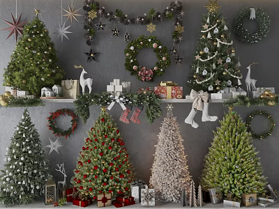 Different Types of Christmas Trees Surrounded by Festive Wreaths Gifts Stars and Reindeer Decorations 3d model
