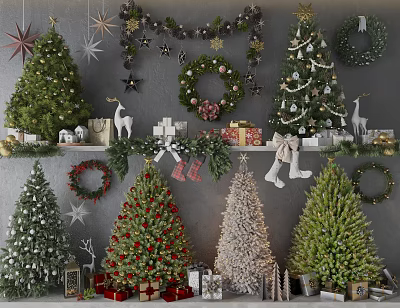 Different Types of Christmas Trees Surrounded by Festive Wreaths Gifts Stars and Reindeer Decorations 3d model