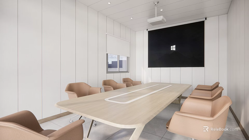 Modern Conference Room Interior With Wooden Table Beige Chairs And Large Projection Screen 3d model 