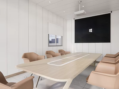 Modern Conference Room Interior With Wooden Table Beige Chairs And Large Projection Screen 3d model