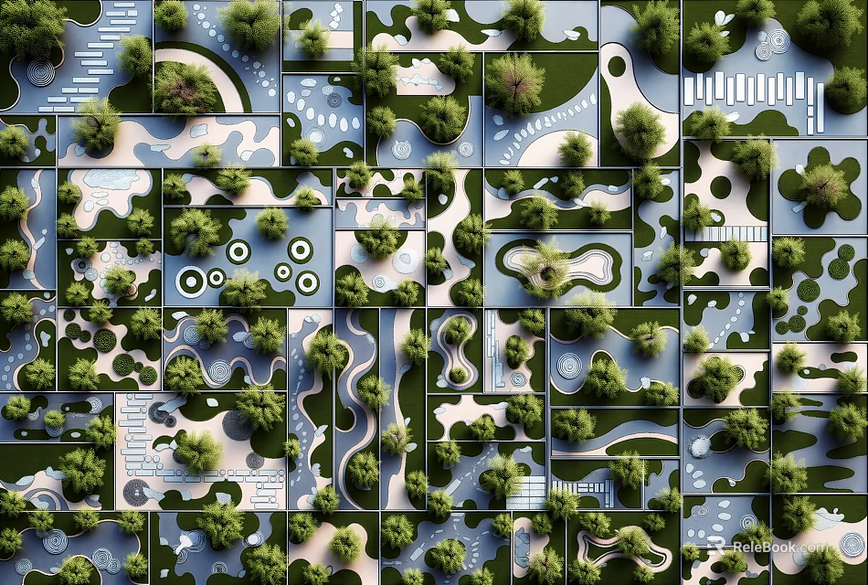 Creative Garden Design Layout With Various Plants Pathways Circular Elements And Water Features 3d model 