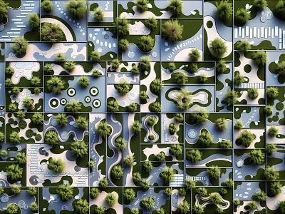 Creative Garden Design Layout With Various Plants Pathways Circular Elements And Water Features 3d model