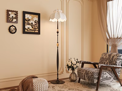 Elegant Floor Lamp With Lace Shade In Living Room Decorative Paintings Armchair And White Flowers 3d model