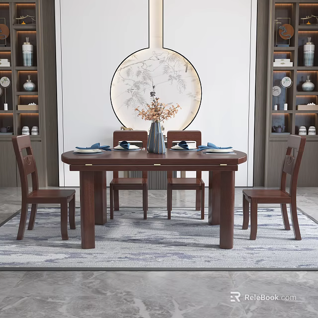 Traditional Chinese Solid Wood Round Dining Table With Four Chairs And Decorative Vase Tableware 3d model