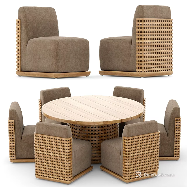Modern Circular Wooden Table And Woven Upholstered Chair Set Design 3d model 