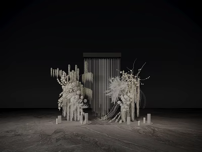 Artistic White Floral Installation With Hanging Decorations Vertical Frame And Candle Accents 3d model