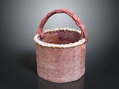 Handmade Traditional Woven Basket With Red Handle Brown Body And White Rim 3d model