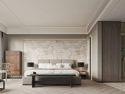 Modern Bedroom Interior With Patterned Headboard Wall Upholstered Bed And Herringbone Floor 3d model