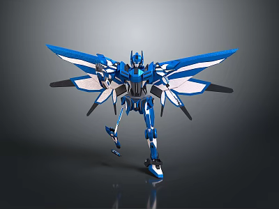 Blue And White Robot Game Movie Character With Mechanical Wings In Dynamic Action Stance 3d model