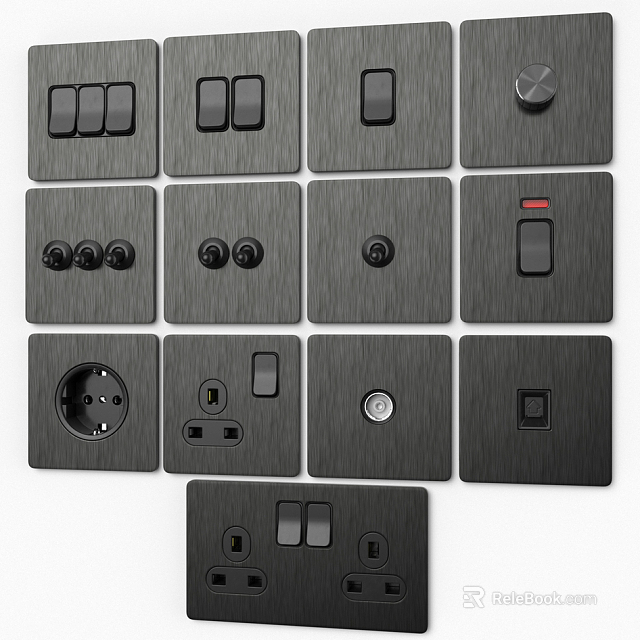 Modern Black Switch Panels With Various Types And Sleek Brushed Metal Finish 3d model 