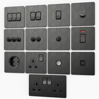 Modern Black Switch Panels With Various Types And Sleek Brushed Metal Finish 3d model