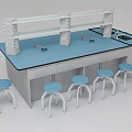 Modern Functional Laboratory Table With Blue Tabletop Shelf Drawers And Blue Stools 3d model