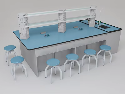 Modern Functional Laboratory Table With Blue Tabletop Shelf Drawers And Blue Stools 3d model