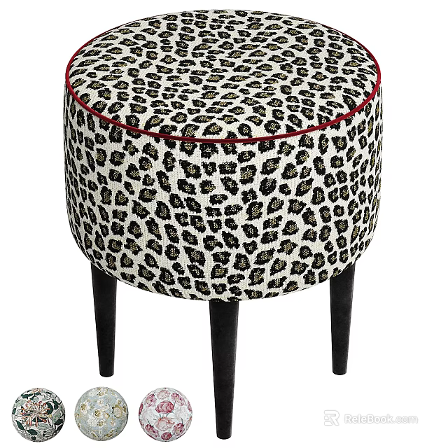 Stylish Leopard Print Round Upholstered Stool With Dark Solid Wood Legs For Modern Home Decoration 3d model 