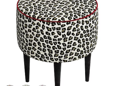 Stylish Leopard Print Round Upholstered Stool With Dark Solid Wood Legs For Modern Home Decoration 3d model