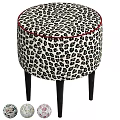 Stylish Leopard Print Round Upholstered Stool With Dark Solid Wood Legs For Modern Home Decoration