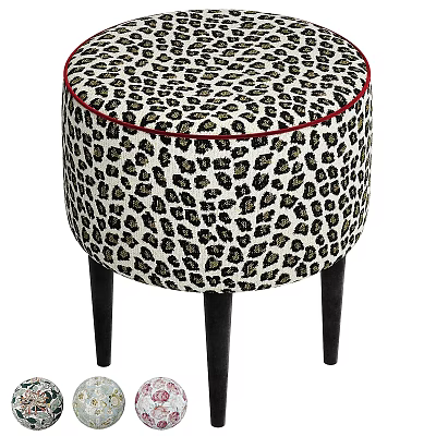 Stylish Leopard Print Round Upholstered Stool With Dark Solid Wood Legs For Modern Home Decoration 3d model